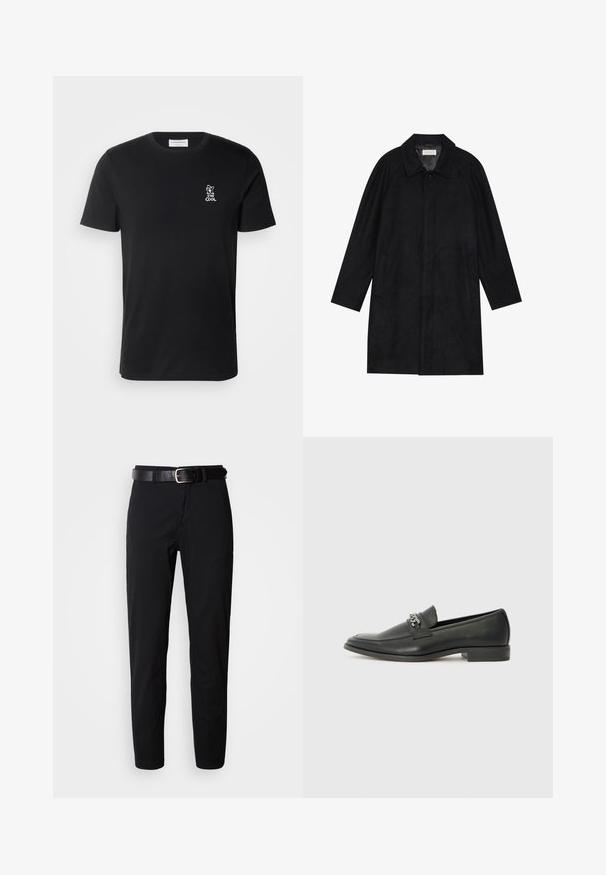 Μαύρο παλτό από μαλακό, υφασμάτινο υλικό με υφή. Διαθέτει γιακά, ράγκλαν μανίκια, πλαϊνές τσέπες και κούμπωμα με κουμπιά μπροστά.; Lindbergh EMBROIDERY TEE SS - Μπλουζάκι με στάμπα - space black; Μαύρο παντελόνι με ίσια γραμμή, με λεία υφή και μαύρη δερμάτινη ζώνη με ασημένια αγκράφα. Απλός σχεδιασμός, χωρίς σχέδια ή επιχρωματισμούς.; Μαύρη δερμάτινη λοφάρα με λείο φινίρισμα, που διαθέτει ραμμένο σχέδιο και διακοσμητική μεταλλική αλυσίδα πάνω από το μπροστινό μέρος. Χαμηλή φτέρνα.