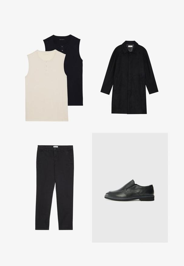 Juodas paltas, pagamintas iš minkštos, tekstūruotos medžiagos. Su apykakle, raglan rankovėmis, šoninėmis kišenėmis ir priekinėmis mygtukų uždarymo detalėmis.; Dvi be rankovių medvilninės bluzės: viena šviesiai ruda su mygtukų užpildymu, o kita vienos spalvos juoda. Abi turi apvalų iškirpimą ir prigludusį dizainą.; Juodos medvilnės kelnės su siauru pjūviu, turinčios dvi šonines kišenes ir priekinį mygtuko užsegimą. Audinys tekstūruotas su subtiliomis detalėmis.; Juodai odiniai įtvirtinimo batai su lygiu paviršiumi, siuvinėjimo akcentais, apvalia nosimi ir žemu guminiu kulnu. Pado raštas minimalus.