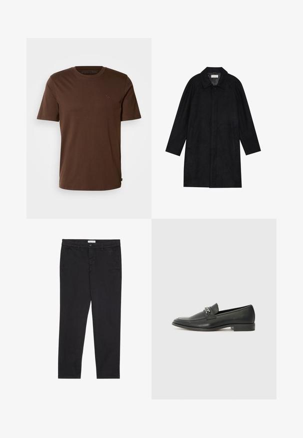 Črn plašč, izdelan iz mehkega, strukturiranega blaga. Ima ovratnik, raglan rokave, stranske žepe in sprednje zapiranje na gumbe.; Rjava bombažna majica s kratkimi rokavi, okroglim izrezom in majhnim izvezenim logotipom na prsih. Gladka tekstura in običajen kroj.; Črne bombažne hlače s slim fit krojem, z dvema stranskima žepoma in sprednjim gumbom za zapiranje. Teksturirano blago z nežnimi detajli.; Črni usnjeni loafer z gladko površino, ki ima šivano zasnovo in dekorativni kovinski verižni naglas preko vampirja. Ravno peto.