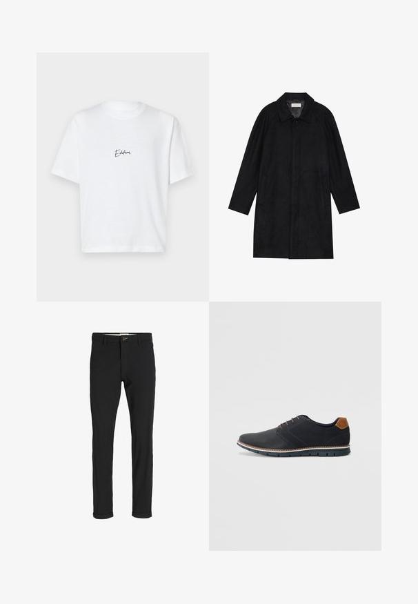 Schwarzer Mantel aus weichem, strukturiertem Stoff. Besitzt einen Kragen, Raglansärmel, seitliche Taschen und einen vorderen Knopfverschluss.; Weißes Baumwoll-T-Shirt mit kurzen Ärmeln, einem klassischen Rundhalsausschnitt und einem schwarzen, scripted "Edition"-Text auf der linken Brust.; Schwarze Baumwollmischungshose mit schmalem Schnitt, gekennzeichnet durch einen Knopfverschluss, Taschen und umgeschlagenen Säumen für einen lässigen Abschluss.; Schwarze synthetische Schuhe mit einer strukturierten Oberseite, glatten Akzenten, braunem Absatz und einer kontrastierenden Sohle. Verfügt über minimale Schnürung und Nähdetails.