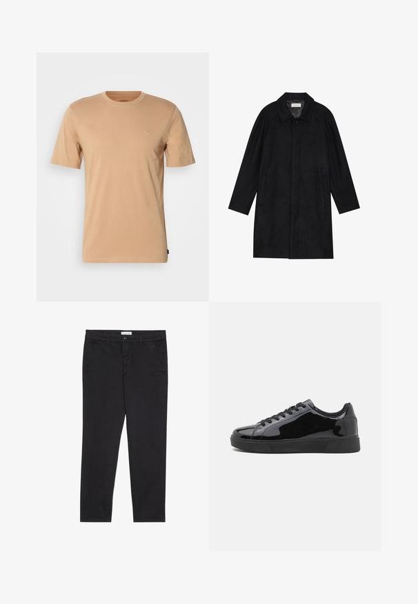 Schwarzer Mantel aus weichem, strukturiertem Stoff. Besitzt einen Kragen, Raglansärmel, seitliche Taschen und einen vorderen Knopfverschluss.; Hellbraunes Baumwoll-T-Shirt mit kurzen Ärmeln, Rundhalsausschnitt und kleinem Logo auf der linken Brust. Weicher Stoff und normale Passform.; Schwarze Baumwollhose im Slim-Fit-Stil mit zwei seitlichen Taschen und einem vorderen Knopfverschluss. Strukturierter Stoff mit subtilen Details.; Schwarze Lackledersneaker mit runder Spitze, flacher Gummisohle und schwarzen Schnürsenkeln. Glatte, glänzende Textur auf der Oberfläche.