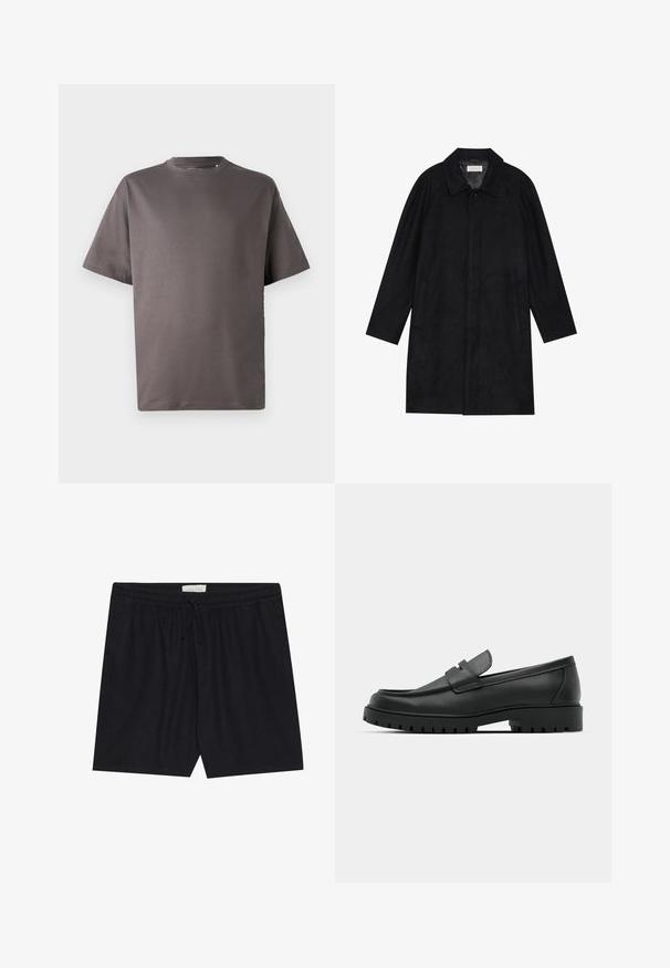 Must mustritud pehme kangast must mantel. Omab kraed, raglanvarrukaid, külgkotte ja ees nuppe.; Tumehall lühikeste varrukatega T-särk ümmarguse kaelusega, valmistatud pehmest kangast, millel on mugav lõige ja pole nähtavaid mustreid ega aksessuaare.; Mustad, elastse varrugae püksid, millel on nööriga vöökoht, sile tekstuur ja sirge lõige, sobivad vabaaja kandmiseks.; Mustad musta nahast loafers, millel on ümar varvas, tikandiga disain, madal platvorm-soon ja tekstureeritud, soonikkummist välistald.