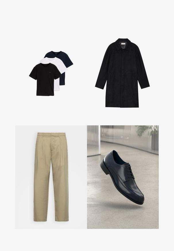 Must mustritud pehme kangast must mantel. Omab kraed, raglanvarrukaid, külgkotte ja ees nuppe.; Kolm lühikese varrukaga T-särki mustas, valges ja tumesinises värvitoonis. Valmistatud puuvillast, ümmarguse kaelusega ja väikese logoga rinnal.; Beežid, kõrge vöökoht ja sirge lõikega püksid, millel on lame esiosa, küljetaskud ja sile, tekstuuriga kangas.; Läike must nahkne king, millel on paelad, hõljuv siledate heledate halli põranda kohal ning taustal vertikaalsed metallist vardad.
