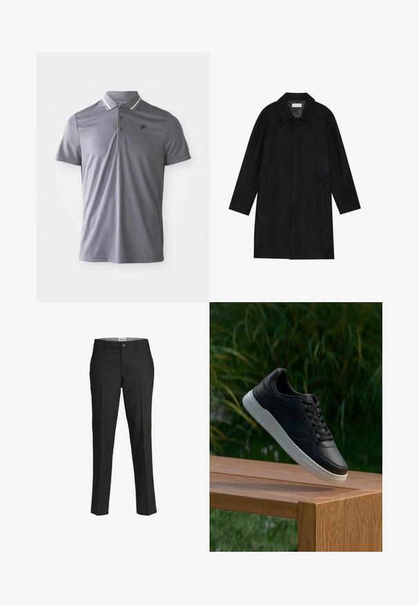Sort frakke lavet af blød, struktureret stof. Har en krave, raglanærmer, sidelommer og en frontknaplukning.; Kortærmet grå polo med diskrete lodrette striber, tre-knaps placket og logo-patch på venstre bryst, krave med lysstribe accenter.; Sorte bukser, skræddersyet pasform, glat stof, mellemhøj talje, frontknaplukning, skrå lommer og pressefoldsdetaljer ned ad benene.; Sort sneaker med hvid sål hængende over en træbænk, grønne blade i den slørede baggrund.