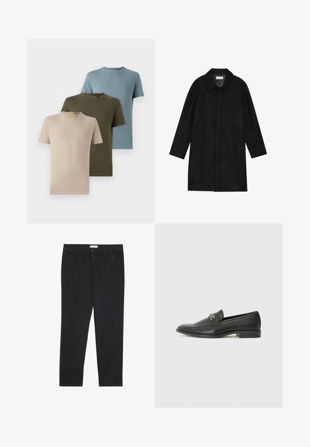 Juodas paltas, pagamintas iš minkštos, tekstūruotos medžiagos. Su apykakle, raglan rankovėmis, šoninėmis kišenėmis ir priekinėmis mygtukų uždarymo detalėmis.; Trys trumpų rankovių marškinėliai smėlio, alyvų ir šviesiai mėlynos spalvos, pagaminti iš minkštos medžiagos, su apvaliu iškirpimu ir vienspalviu dizainu.; Juodos medvilnės kelnės su siauru pjūviu, turinčios dvi šonines kišenes ir priekinį mygtuko užsegimą. Audinys tekstūruotas su subtiliomis detalėmis.; Juodos odinės loafer tipo bateliai su lygiu paviršiumi, turintys siuvinėtą dizainą ir dekoratyvų metalo grandinėlės akcentą ant batų viršaus. Plokščias kulnas.