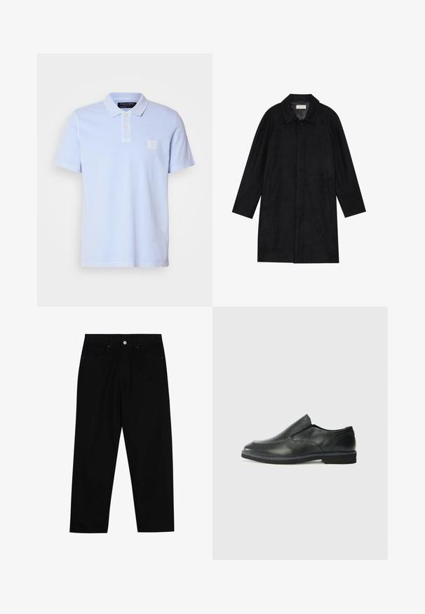 Black coat made from soft, textured fabric. Features a collar, raglan sleeves, side pockets, and a front button closure.; Light blue short-sleeve polo shirt made of cotton, featuring a classic collar, three-button placket, and embroidered logo on the chest.; Black denim pants featuring a straight-leg cut, five-pocket design, and a front button closure. Smooth texture with minimal stitching details.; Black leather slip-on shoe with a smooth upper, stitched accents, rounded toe, and a low rubber heel. Sole features minimal tread.