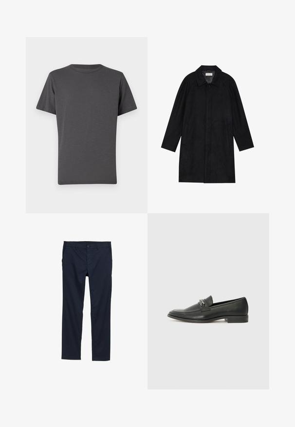 Juodas paltas, pagamintas iš minkštos, tekstūruotos medžiagos. Su apykakle, raglan rankovėmis, šoninėmis kišenėmis ir priekinėmis mygtukų uždarymo detalėmis.; Tamsiai pilkas apvalios iškirptės marškinėliai, trumpomis rankovėmis, pagaminti iš minkštos medžiagos. Priedai - subtilus logotipas priekyje, lygus paviršius su minimaliais sąnariais.; Jūržydros mėlynos spalvos lengvi kelnių modeliai su lygiu paviršiumi, tiesiomis kojų linijomis, sagčių uždarymu ir šoninėmis kišenėmis.; Juodos odinės loafer tipo bateliai su lygiu paviršiumi, turintys siuvinėtą dizainą ir dekoratyvų metalo grandinėlės akcentą ant batų viršaus. Plokščias kulnas.