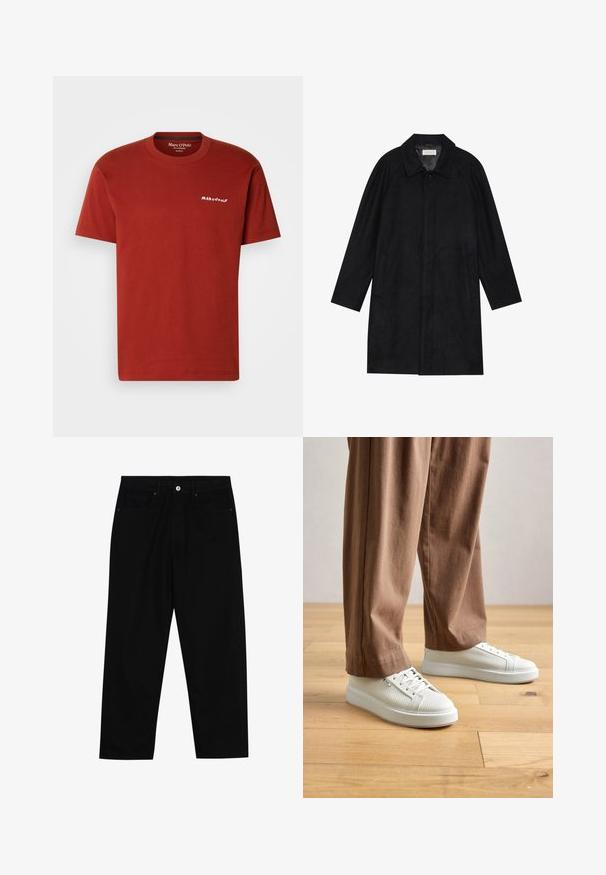 Juodas paltas, pagamintas iš minkštos, tekstūruotos medžiagos. Su apykakle, raglan rankovėmis, šoninėmis kišenėmis ir priekinėmis mygtukų uždarymo detalėmis.; Raudona medvilninė t-shirt bluzonė su apvaliu kaklu, trumpomis rankovėmis ir mažuoju baltu "Marc O'Polo" logotipu kairėje krūtinės pusėje.; Juoda džinsinė kelnė su tiesiu kirpimu, penkių kišenių dizainu ir priekiniais mygtukais. Lygus paviršius su minimaliu siuvimo detalėmis.; Asmuo vilkintis baltus tekstūruotus žemus sportinius batelius ir laisvas rudas kelnes, stovintis ant šviesaus medinio grindų paviršiaus.