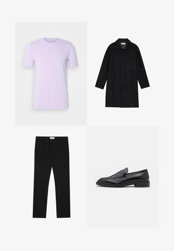 Črn plašč, izdelan iz mehkega, strukturiranega blaga. Ima ovratnik, raglan rokave, stranske žepe in sprednje zapiranje na gumbe.; Svetlo vijolična bombažna majica s kratkimi rokavi, okroglo izrezana, z majhnim vezenim logotipom na levem prsnem delu. Mehka tekstura, preprost dizajn.; Črne ravne jeans hlače s petimi žepi, z gumbom in zadrgo za zapiranje ter oznako blagovne znamke Pier One na pasu.; Črne usnjene loafersice z gladko površino, s zaobljenim prstom in ozkim pasom čez zgornji del. Nizek zložen petek.