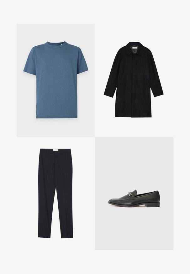 Juodas paltas, pagamintas iš minkštos, tekstūruotos medžiagos. Su apykakle, raglan rankovėmis, šoninėmis kišenėmis ir priekinėmis mygtukų uždarymo detalėmis.; Mėlyna trumpomis rankovėmis marškinėliai, pagaminti iš lengvos medžiagos, su apvali kaklo iškirpte ir subtiliu ženklinimu krūtinėje. Lygi tekstūra.; Juodos pritaikytos kelnės su lygia priekine dalimi, standartinio kirpimo, pagamintos iš lygios medžiagos, su prispaustomis raukinėmis ir šoninėmis kišenėmis.; Juodos odinės loafer tipo bateliai su lygiu paviršiumi, turintys siuvinėtą dizainą ir dekoratyvų metalo grandinėlės akcentą ant batų viršaus. Plokščias kulnas.