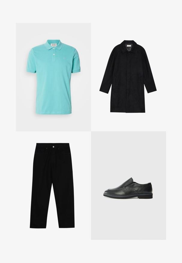 Černý kabát vyrobený z měkké, strukturované tkaniny. Má límec, raglánové rukávy, boční kapsy a přední zapínání na knoflíky.; Tyrkysové polo tričko, bavlněný materiál, krátké rukávy, dvoubarevný knoflíkový límec, jemně vyšitá legenda na hrudi, hladká textura.; Černé džíny s rovně střiženými nohavicemi, designem pěti kapes a předním zapínáním na knoflík. Hladký povrch s minimem švových detailů.; Černá kožená nazouvací bota s hladkým svrškem, prošívanými detaily, zaoblenou špičkou a nízkým gumovým podpatkem. Podešev má minimální vzorek.