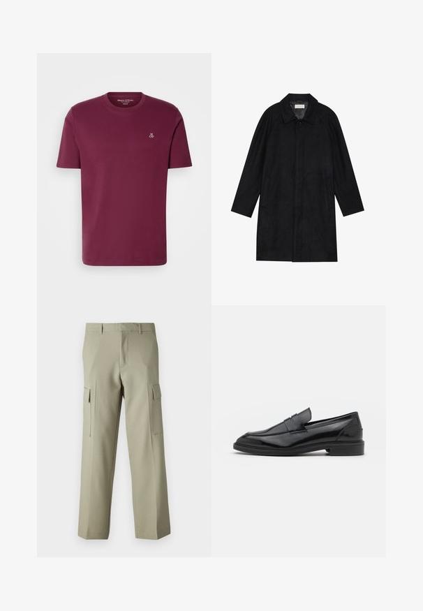 Juodas paltas, pagamintas iš minkštos, tekstūruotos medžiagos. Su apykakle, raglan rankovėmis, šoninėmis kišenėmis ir priekinėmis mygtukų uždarymo detalėmis.; Burgundiškas medvilninis marškinėliai su apvalioms iškirptėmis, trumpomis rankovėmis ir mažu baltu „M OP“ logotipu ant krūtinės. Lygus paviršius ir reguliari forma.; Šviesiai žali krovinių kelnės su tiesiu kirpimu, turinčios šonines kišenes ir lygią audinio tekstūrą. Pateiktas vaizdas iš nugaros.; Juodos odinės loafers batai su lygiu paviršiumi, turintys apvalią noselę ir siaurą juostelę per viršų. Žemas sluoksnis kulnas.