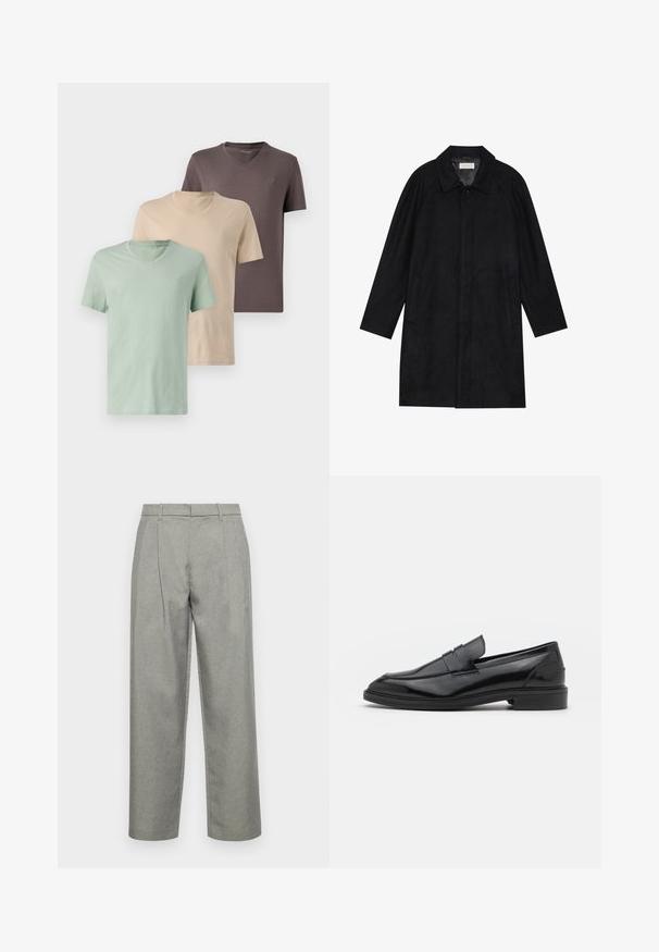 Casaco preto feito de um tecido macio e texturado. Apresenta um colarinho, mangas raglan, bolsos laterais e um fecho frontal com botões.; Três t-shirts de gola em V em cores suaves: verde, bege e castanho. Manga curta, tecido macio e um pequeno logo no peito de cada uma.; Calças cinzas ajustadas, feitas de tecido texturizado, com design de perna reta, pregas frontais e uma cintura standard com passantes para cinto.; Mocassins de couro preto com um acabamento suave, apresentando uma ponta arredondada e uma faixa estreita na parte superior. Salto baixo empilhado.