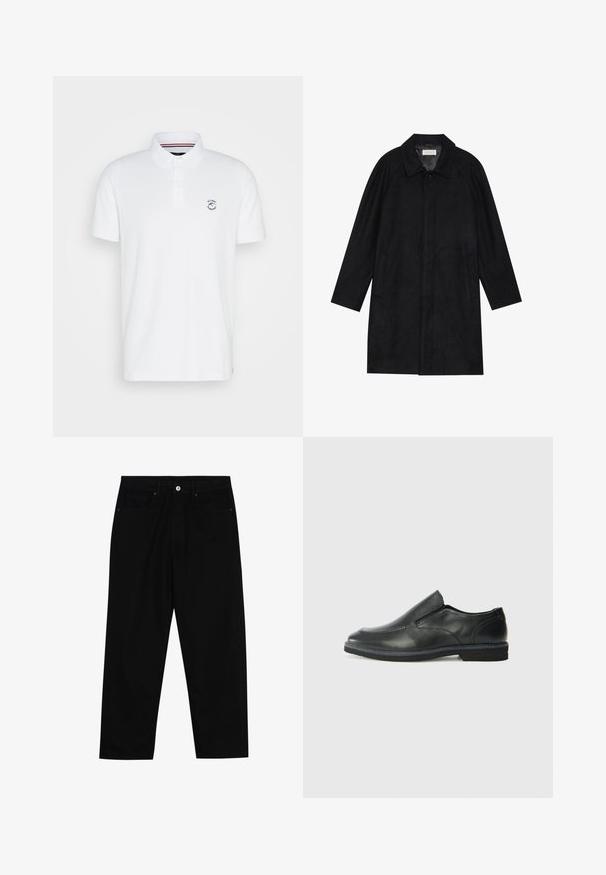 Svart frakk laget av myk, teksturert stoff. Har krage, raglanermer, sidelommer og forsterket knappelukking foran.; Hvit polo skjorte laget av bomull, med krage, korte ermer og et lite emblem på brystet. Enkel design, uten mønstre eller aksenter.; Sorte denimbukser med rett benklipp, fem-lomme design og frontknappåpning. Jevn tekstur med minimale sømdetaljer.; Sorte skinn slip-on sko med en jevn overflate, stikking detaljer, rund tå og en lav gummihæl. Sålen har minimal mønstring.
