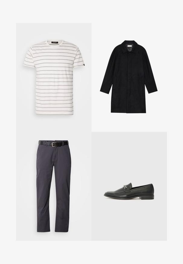 Crni kaput izrađen od mekog, teksturiranog materijala. Ima ovratnik, raglan rukave, bočne džepove i prednje dugme za zatvaranje.; Majica kratkih rukava, okruglog izreza, bijela boja sa naizmjeničnim sivim prugama. Meki materijal sa regularnim krojem i ravnim rubom. Brendirana oznaka sa strane.; Crne pamučne hlače ravnog kroja, s dva prednja džepa i remenom. Tkanina ima glatku teksturu i mat završnicu.; Crna kožna loafer cipela s glatkom finišem, s ušivenim uzorkom i dekorativnim metalnim lancem preko prednjeg dijela. Ravni potplat.