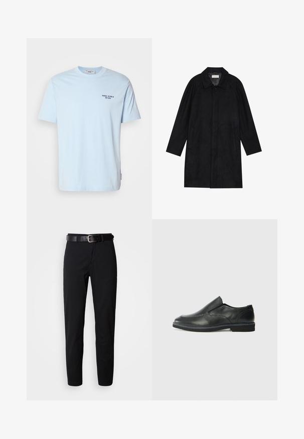 Abrigo negro hecho de un tejido suave y texturizado. Presenta un cuello, mangas raglán, bolsillos laterales y un cierre frontal con botones.; Camiseta de algodón de cuello redondo en azul claro, con mangas cortas y una pequeña impresión oscura que dice "MARC O'POLO DENIM" en el pecho.; Pantalones negros de corte recto, con una textura suave y un cinturón de cuero negro con una hebilla plateada. Diseño simple, sin patrones ni detalles.; Zapato negro de cuero sin cordones con un upper suave, detalles de costura, punta redonda y un bajo tacón de goma. La suela presenta una tracción mínima.