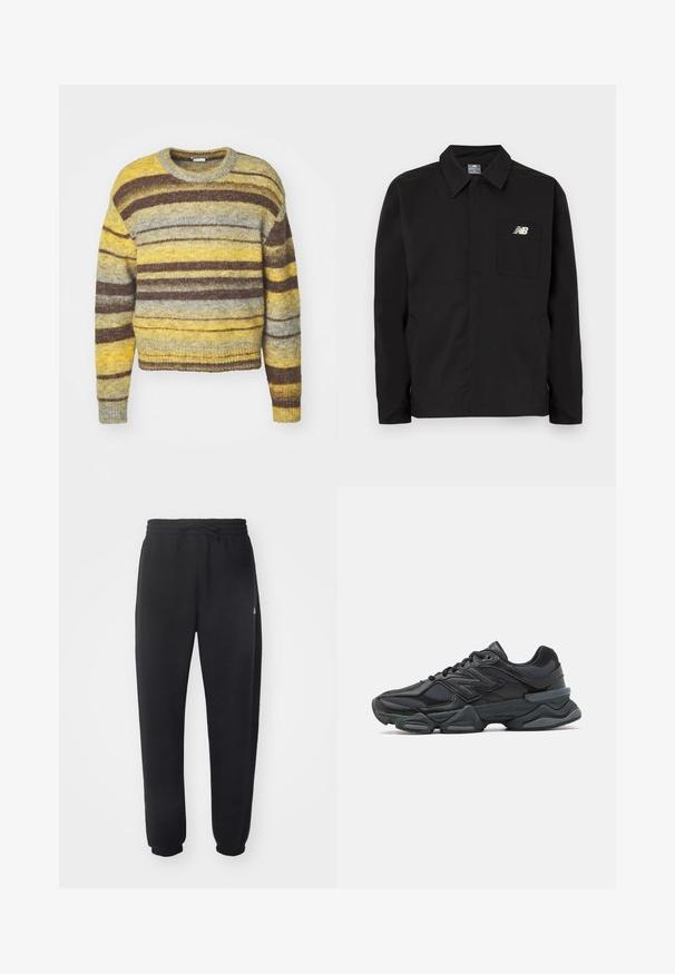 Giacca in nylon nera con design colletto, dotata di taschino sul petto e logo New Balance. Texture liscia e taglio dritto.; Maglione a righe con scollo rotondo, in sfumature di giallo, grigio e marrone. Realizzato in un tessuto a maglia testurizzato, con maniche lunghe.; Pantaloni della tuta neri realizzati in materiale morbido con vita elastica, coulisse e polsini aderenti, caratterizzati da un logo sottile sul lato.; Scarpa da corsa nera con una combinazione di materiali in rete e sintetici, suola spessa, design curvo e marchio ben visibile sul lato.