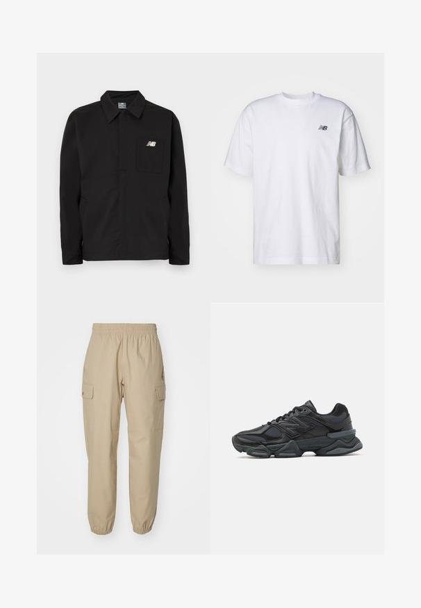 Schwarze Nylonjacke mit Kragen-Design, ausgestattet mit einer Brusttasche und dem New Balance-Logo. Glatte Textur und gerader Schnitt.; Weißes T-Shirt mit kurzen Ärmeln und Rundhalsausschnitt, mit kleinem schwarzen New Balance-Logo auf der linken Brust vor einem einfarbigen Hintergrund.; Beige Cargo-Hosen mit einem elastischen Bund, schmal zulaufenden Beinen und seitlichen Taschen. Glattes Gewebe mit einer leicht strukturierten Textur.; Schwarzer Laufschuh mit einer Mischung aus Mesh- und sinthetischen Materialien, dicke Sohle, geschwungenes Design und auffälliger Markenkennzeichnung an der Seite.