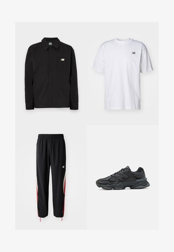 Schwarze Nylonjacke mit Kragen-Design, ausgestattet mit einer Brusttasche und dem New Balance-Logo. Glatte Textur und gerader Schnitt.; Weißes T-Shirt mit kurzen Ärmeln und Rundhalsausschnitt, mit kleinem schwarzen New Balance-Logo auf der linken Brust vor einem einfarbigen Hintergrund.; New Balance IN GAME TRACK PANT - Jogginghose - black; Schwarzer Laufschuh mit einer Mischung aus Mesh- und sinthetischen Materialien, dicke Sohle, geschwungenes Design und auffälliger Markenkennzeichnung an der Seite.