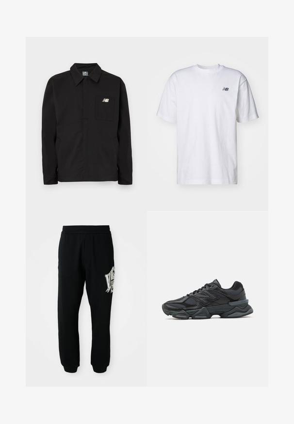 Melnā neilona jaka ar apkakles dizainu, ar krūšu kabatu un New Balance logo. Gluda tekstūra un taisna griezuma.; Balta īsām piedurknēm T-kreklā ar apaļu kakla izgriezumu, uz kura kreisā krūšu daļā ir neliela melna New Balance logo, pret vienkāršu fona.; Melnas svītrainas bikses, kas izgatavotas no mīkstas auduma, ar ribota josta un piedurknēm. Kreisajā kājā ir grafiska apdruka baltā un pelēkā krāsā.; Melna skriešanas apavi ar jauktu acu audumu un sintētiskiem materiāliem, masīvu zoli, izliekta dizaina elementiem un izteiktu zīmola logotipu uz sāniem.