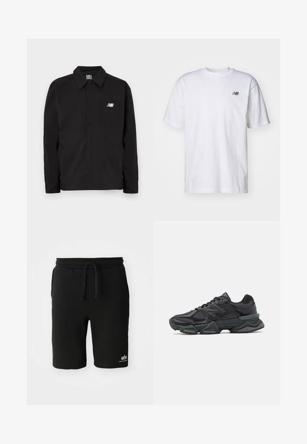 Veste noire en nylon avec un col, dotée d'une poche poitrine et du logo New Balance. Texture lisse et coupe droite.; T-shirt blanc à manches courtes et col ras du cou avec un petit logo New Balance noir sur la poitrine gauche, sur un fond uni.; Shorts en coton noir avec un élastique à la taille, cordon de serrage, poches latérales et un détail de logo blanc en bas de l'ourlet. Texture lisse.; Chaussure de course noire mettant en avant un mélange de mesh et de matériaux synthétiques, avec une semelle épaisse, un design arrondi et un logo bien visible sur le côté.