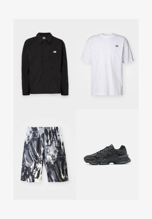 Giacca in nylon nera con design colletto, dotata di taschino sul petto e logo New Balance. Texture liscia e taglio dritto.; T-shirt bianco a maniche corte con scollo rotondo e piccolo logo nero New Balance sul lato sinistro del petto, su uno sfondo neutro.; Pantaloni sportivi a scacchi neri e grigi con elastico in vita, caratterizzati da un design astratto digitale e un piccolo accento neon.; Scarpa da corsa nera con una combinazione di materiali in rete e sintetici, suola spessa, design curvo e marchio ben visibile sul lato.