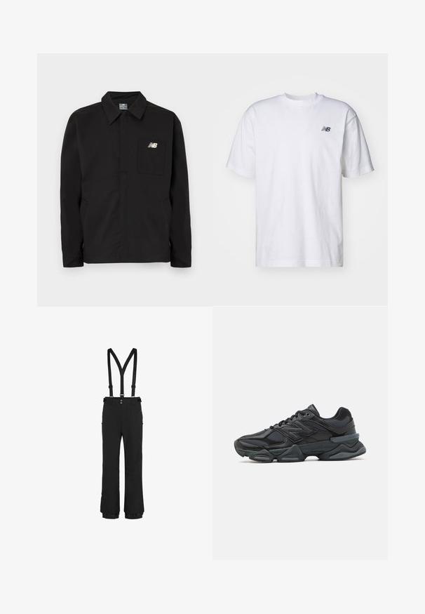 Zwarte nylon jas met een kraagontwerp, voorzien van een borstzak en het New Balance-logo. Glad materiaal en rechte snit.; Witte korte mouwen crew neck T-shirt met klein zwart New Balance-logo op de linkerkant van de borst tegen een effen achtergrond.; Zwarte sneeuwbroeken met verstelbare bretels, voorritssluiting, zijrits zakken en elastische manchetten aan de zoom voor een stevige pasvorm.; Zwarte hardloopschoen met een mix van mesh en synthetische materialen, een stevige zool, gebogen ontwerp en prominente branding op de zijkant.