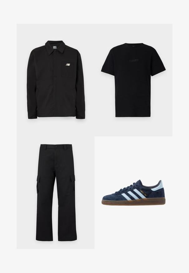 Zwarte nylon jas met een kraagontwerp, voorzien van een borstzak en het New Balance-logo. Glad materiaal en rechte snit.; Zwarte katoenen t-shirt met korte mouwen, ribbeltextuur, ronde hals en geborduurd "FORMER" logo op de voorkant.; Zwarte cargobroek met een recht gesneden ontwerp. Gemaakt van duurzaam materiaal, met twee zijzakken met klep en een knoopsluiting.; Marineblau suede Adidas sneaker met lichtblauwe strepen, gumzool, lichtblauw hielstuk en gouden "Spezial" branding aan de zijkant.