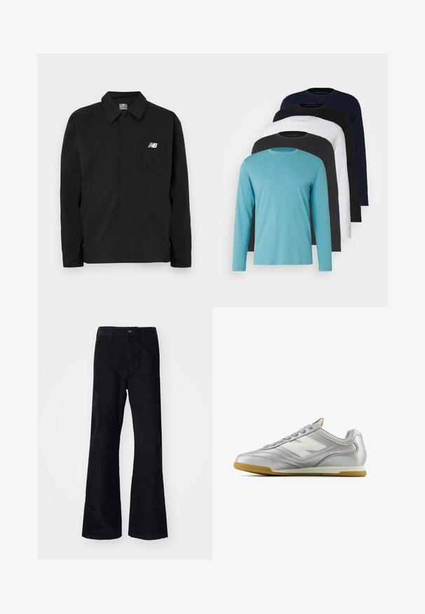Giacca in nylon nera con design colletto, dotata di taschino sul petto e logo New Balance. Texture liscia e taglio dritto.; Cinque magliette a maniche lunghe in fila: turchese, nera, bianca, grigio scuro e blu navy. Tessuto morbido con design a girocollo e vestibilità standard.; Pantaloni neri a zampa d'elefante in cotone con un cinturino tradizionale, bottone frontale singolo e tasche ai lati e sul retro. Tessuto liscio.; Scarpa sportiva argentata con una superficie liscia e lucida, logo bianco di lato, lacci grigi con texture e suola in gomma.
