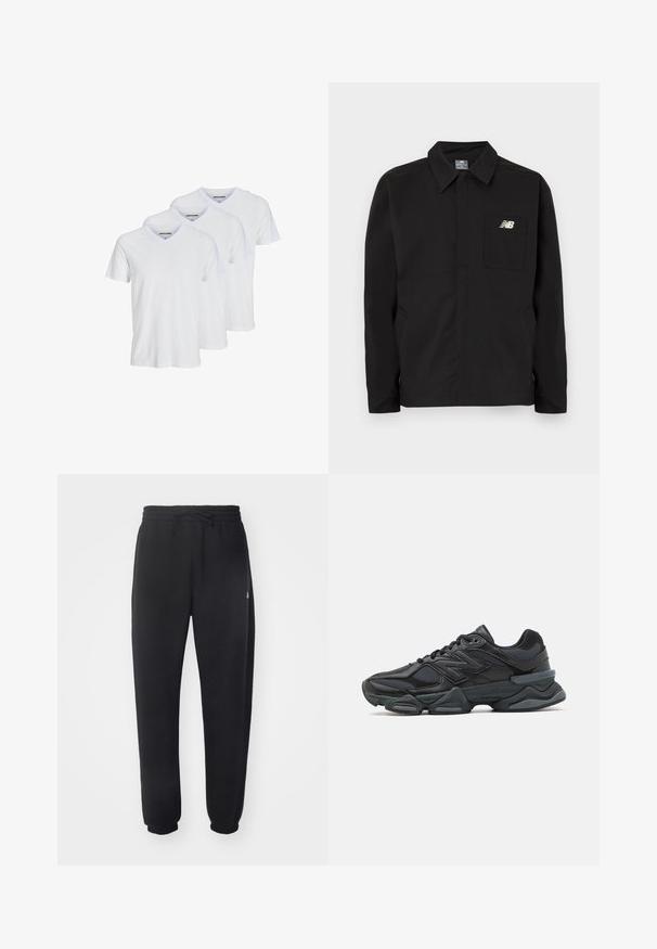 Must mustri must-jakk, millel on krae disain, rinnatasku ja New Balance logo. Sile tekstuur ja sirge lõige.; Kolm valget lühikeste varrukatega V-kaelusega T-särki, mis on valmistatud puuvillast ja millel on lihtne disain, kontrastne kaelus ja diskreetne kaubamärgi logo seestpoolt.; Mugavad mustad spordipüksid pehmest materjalist, elastse vöökoha, nööridega ja kitsenevate varrukatega, külgedel on diskreetne logo.; Mustad mustus jooksukeng, mis sisaldab segu võrgust ja sünteetilisest materjalist, jäme talla, kaarduv disain ja silmapaistev bränding külgedel.