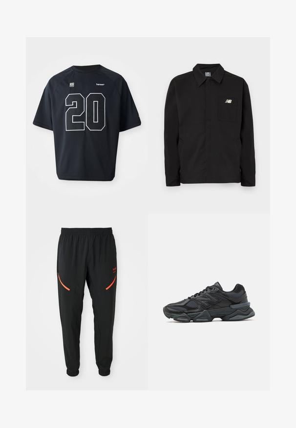 Veste noire en nylon avec un col, dotée d'une poche poitrine et du logo New Balance. Texture lisse et coupe droite.; Maillot de sport en mesh noir avec un grand numéro "20" blanc sur le devant. Manches courtes et encolure ronde, avec des détails de logo.; Pantalons de sport noirs avec taille élastique et poignets, dotés de poches zippées rouges en biais et d'un petit texte rouge de marque sur la cuisse droite.; Chaussure de course noire mettant en avant un mélange de mesh et de matériaux synthétiques, avec une semelle épaisse, un design arrondi et un logo bien visible sur le côté.