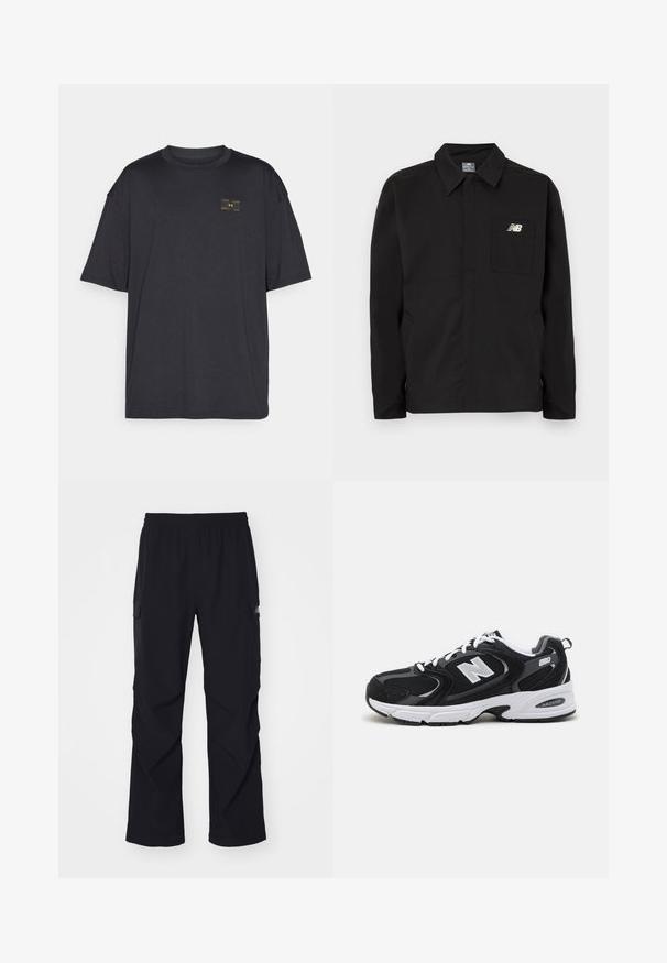 Schwarze Nylonjacke mit Kragen-Design, ausgestattet mit einer Brusttasche und dem New Balance-Logo. Glatte Textur und gerader Schnitt.; Schwarzes T-Shirt mit kurzen Ärmeln aus glattem Stoff, das ein kleines gelbes Logo-Patch auf der Brust aufweist. Das Design ist lässig geschnitten mit einem Rundhalsausschnitt.; Schwarze Cargo-Hosen aus leichtem Material, mit einem Elastikbund, seitlichen Taschen und einem geraden Beinschnitt.; Schwarze und graue Sportschuhe mit Obermaterial aus Mesh und Wildleder, ausgestattet mit einer weißen Zwischensohle, Schnürsenkeln und einem markanten "N"-Logo an der Seite.