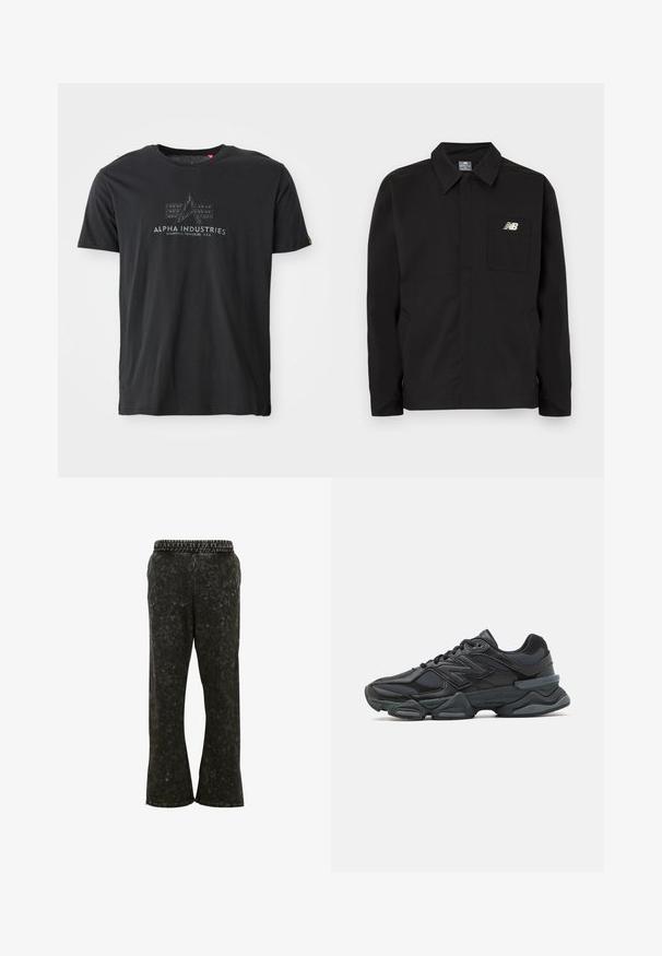 Černá nylonová bunda s límečkem, vybavená náprsní kapsou a logem New Balance. Hladká textura a rovný střih.; Černé bavlněné tričko s kulatým výstřihem, které má texturovaný potisk loga se slovy "ALPHA INDUSTRIES" a trojúhelníkovým designem uprostřed.; Černé kalhoty s širokými nohavicemi a texturovaným povrchem, s páskem a výrazným vzorovaným akcentem na boku. Hladký přední díl.; Černá běžecká bota s kombinací síťoviny a syntetických materiálů, masivní podešev, zakřivený design a výrazné logo na boku.