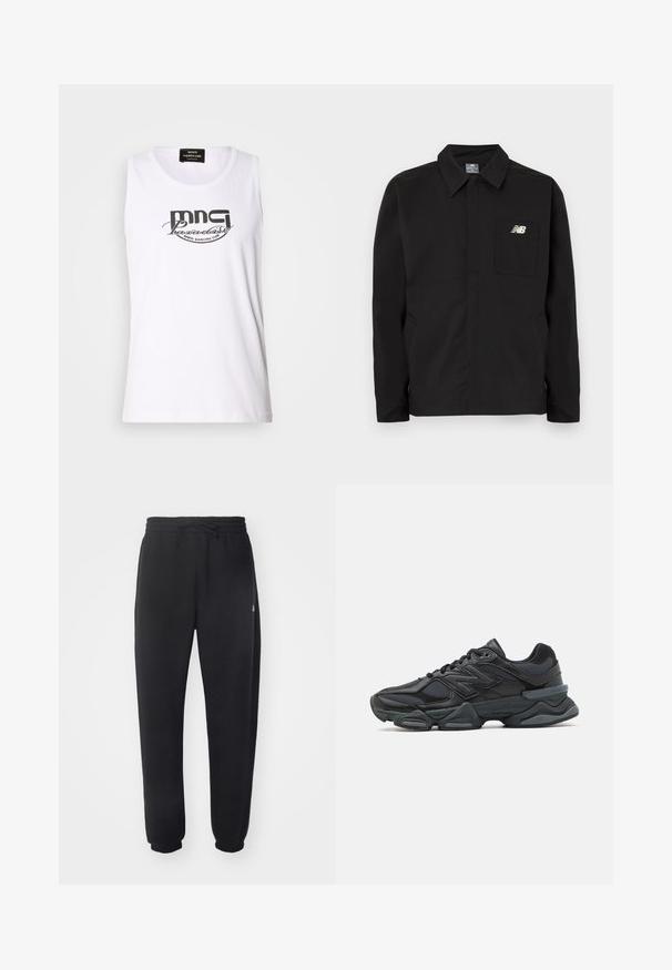 Crna najlonska jakna s ovratnikom, koja ima džep na prsima i New Balance logo. Glatka tekstura i ravni kroj.; Bijela bezrukavna majica od pamuka, s crnim grafičkim printom natpisa "MNG Paradise Disco Dancing Club" u podebljanom, zakrivljenom fontu.; Crne sweatpants napravljene od mekog materijala s elastičnom trakom u struku, žicom za zatezanje i suženim manžetama, s blagim logotipom sa strane.; Crne trkačke tenisice izrađene od kombinacije mrežastih i sintetičkih materijala, s debelim potplatom, zakrivljenim dizajnom i istaknutim brendom sa strane.