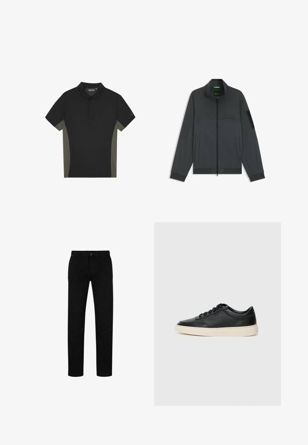 Donkergrijze zip-up jas met een staande kraag, voorzien van textuurstoffen panelen en een ritszak op de linkermouw.; Zwarte polo met olijfgroene zijpanelen, korte mouwen, drie knopen bij de sluiting en een merklogo op de mouw. Glad stoftextuur.; Zwarte katoenen broek met een rechte pasvorm, voorzien van een knoopsluiting, riemlussen en een minimalistisch ontwerp. Glad van structuur, zonder patronen.; Zwarte leren sneaker met lage schacht, zwarte veters en off-white zool, weergegeven in zijprofiel op een witte achtergrond.