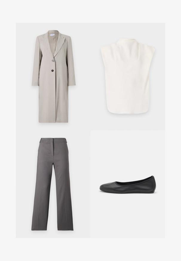 Světle béžový dlouhý blazer vyrobený z lněné směsi, s jedním zapínáním na knoflík, s klopami a dlouhými rukávy. Minimalistický design.; Bílý bezrukávový top s vysokým výstřihem a hladkým, měkkým materiálem. Obsahuje asymetrický design s zaoblenými okraji na spodním lemu.; Šedé kalhoty s širokými nohavicemi a hladkou texturou, s plochým předním dílem, zapínáním na zip a minimálním zdobením. Navrženy pro uvolněný střih.; Černé kožené baletní byty s kulatou špičkou, hladkou texturou, minimálními švy a flexibilním designem podrážky.