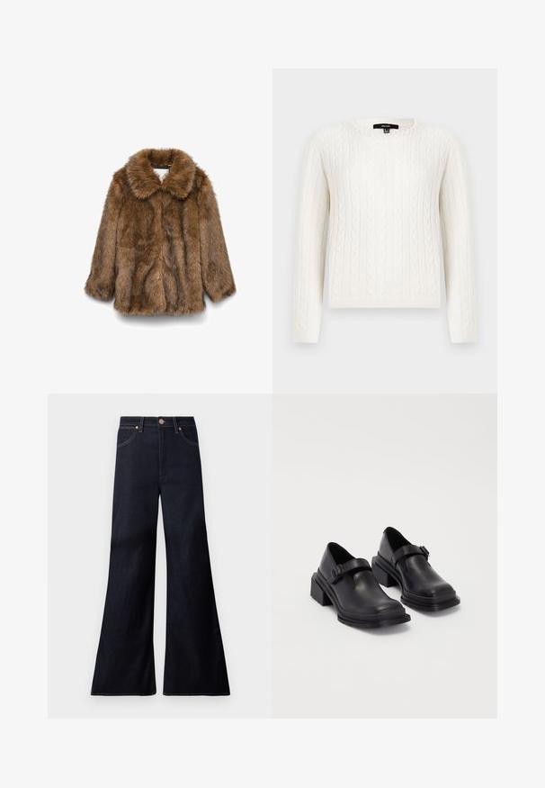 Brown faux fur jacket with long sleeves and wide collar, displayed on a plain white background.; White cable-knit sweater featuring long sleeves, a round neckline, and a decorative pearl accent at the collar. Soft texture and fitted design.; Dark blue wide-leg jeans made of denim. Features include a front button closure, copper hardware, and contrast stitching along the seams.; Black leather shoes with a rounded toe, flat sole, and a strap with a buckle detail. Chunky block heel for added stability.