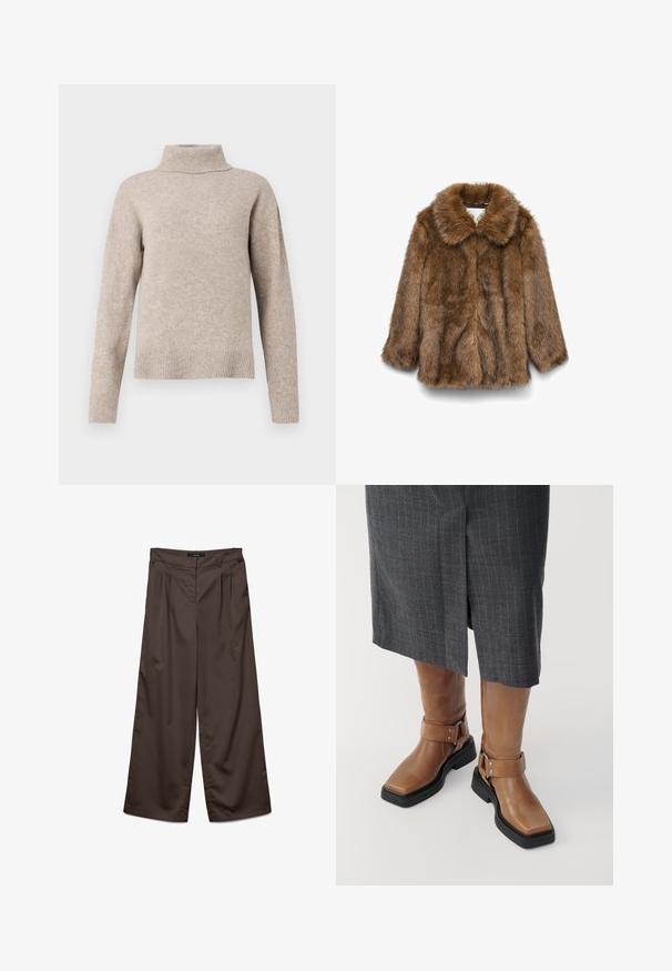 Ruda dirbtinė kailio striukė su ilgomis rankovėmis ir plačiu apykakle, eksponuojama ant vientiso balto fono.; Smėlio spalvos megztinis su aukštu kaklu, pagamintas iš minkštos mezginio medžiagos. Turi guntamą apykaklę ir rankogalius, su šiek tiek per dideliu, atsipalaidavusiu siluetu.; Platus kelnes tamsiai rudos spalvos audinio su lygiu tekstūra. Ypatybės apima klostes priekyje ir standartinį juosmenį.; Rudi odai odžemkrautės su kvadratiniais pirštais, juodu gumuotu padu ir reguliuojamu sagties akcentu. Dėvimi su pilka smailiu juostelių sijonu.