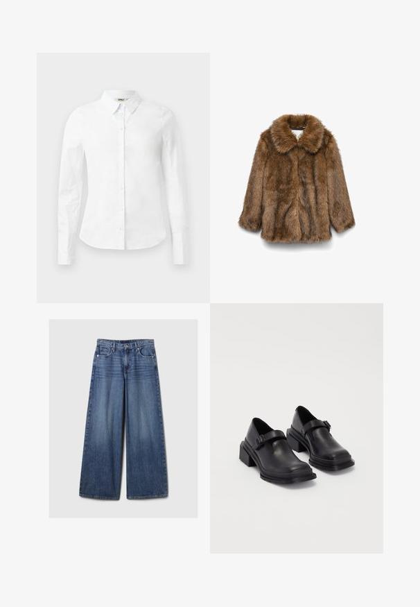 Giacca di finta pelliccia marrone con maniche lunghe e colletto ampio, esposta su uno sfondo bianco semplice.; Camicia bianca a maniche lunghe con bottoni realizzata in cotone; presenta un colletto classico e chiusura frontale con bottoni. Texture morbida, vestibilità standard.; Jeans in denim blu a gamba larga con una finitura sbiadita, dotati di chiusura a bottone e zip, cinque tasche e passanti per cintura.; Scarpe in pelle nera con punta arrotondata, suola piatta e una cintura con dettaglio fibbia. Tacco a blocco spesso per una maggiore stabilità.