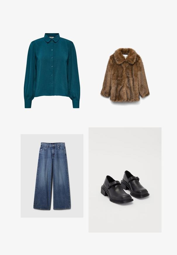 Ruda dirbtinė kailio striukė su ilgomis rankovėmis ir plačiu apykakle, eksponuojama ant vientiso balto fono.; Mėlyna bluzonė su apykakle, mygtukų priekyje ir ilgomis rankovėmis. Pagaminta iš tekstūruotos medžiagos su surinktomis rankovėmis.; Platus mėlynos džinsinės kelnės su išblukusiu paviršiumi, su mygtukų ir užtrauktuko uždarymu, penkiomis kišenėmis ir diržo kilpomis.; Juodos odinės bateliai su apvaliu priekiu, plokščiu padu ir dirželiu su sagtimi. Didelis blokinis kulnas, užtikrinantis papildomą stabilumą.