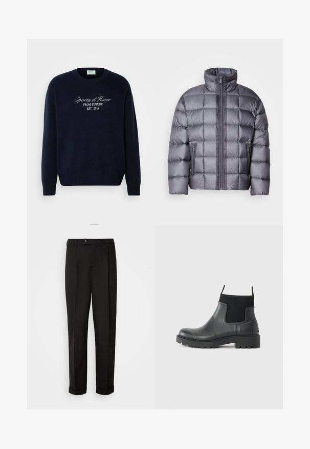 Geacă puffer gri cu guler înalt și fermoar frontal, având două buzunare laterale cu fermoar și un model pătrat matlasat.; Pulover bleumarin, confecționat dintr-un material moale, cu un guler clasic rotund și text brodat: "Sports d'Hiver FROM FUTURE EST. 2018."; Pantaloni negri cu o textură netedă, având un croi drept, două buzunare frontale și un singur sistem de închidere cu un nasture la talie.; Bocanci negri din cauciuc, cu finisaj mat, având un design elegant, panouri elastice și o talpă groasă pentru aderență.