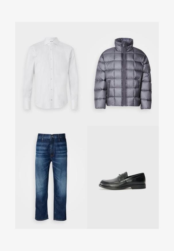 Szürke puffverzió durva gallérral és elülső cipzárral, két cipzáras oldalzsebbel és tűzött négyzetmintával.; Fehér, hosszú ujjú, sima anyagból készült ing; klasszikus gallérral, gombos záródással és lekerekített hemével rendelkezik.; Sötétkék, egyenes szárú farmernadrág enyhe kopással a comboknál és gombos záródással a deréknál, fehér háttér előtt.; Fekete bőrcipő, lekerekített orral, varrott mintázattal, kis elülső pánttal, fém részletekkel és lapos gumitalppal.