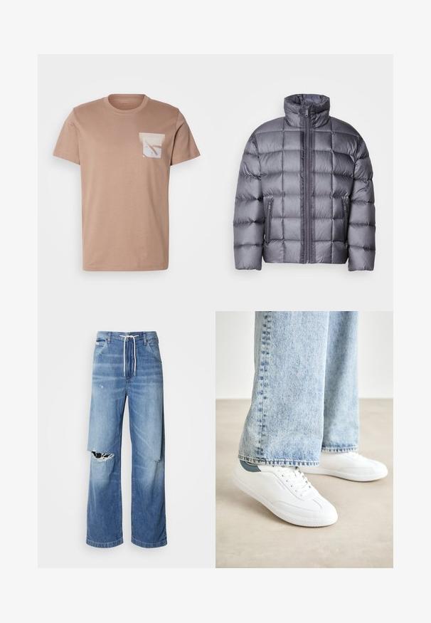 Grijze pufferjack met hoge kraag en rits aan de voorkant, voorzien van twee met rits sluitbare zijzakken en een gewatteerd vierkant patroon.; Korte mouw sandkleurig T-shirt van katoen met een witte zak met abstracte vormen in zachte kleuren, ronde hals en normale pasvorm.; Lichtblauwe denim jeans met een losse fit, voorzien van een witte trekkoord in de taille en duidelijke scheuren aan de voorkant, met rafelige randen.; Witte sneakers van glad materiaal, met vetersluiting, een gevulkaniseerde rubberen zool en een teal accent op de hiel, gecombineerd met lichtblauwe jeans.