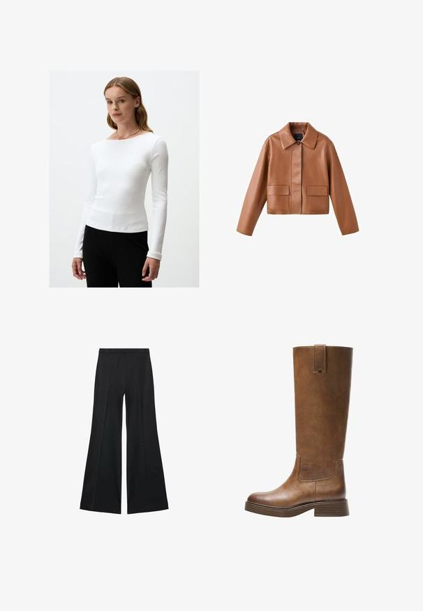 Brown leather cropped jacket with a pointed collar, front button closure, and two chest pockets. Smooth texture and modern design.; White long-sleeve ribbed top with a round neckline, featuring a slim fit and smooth texture, paired with black pants. Simple design.; Black wide-leg pants with a smooth texture, featuring front pleats and a tailored design. The fabric is lightweight and flowy.; Brown leather knee-high boot with a rounded toe, textured surface, and a stacked low heel. Features a side panel and pull tab at the top.