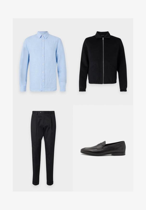 Musta vetoketjullinen takki, jossa on kaulus, sivutaskut, resorit hihansuissa ja sileä kangaspinta. Yksinkertainen, jäsennelty muotoilu.; Tiger of Sweden SPENSER - Vapaa-ajan kauluspaita - summer sky; Musta housut, jotka on valmistettu sileästä kankaasta, ja niissä on etuosassa laskos, nappisulku sekä käänteet nilkassa.; Musta nahkainen miesten loaferi, jossa on matala korko ja klassinen penny-nauha, esitelty sivuprofiilissa valkoista taustaa vasten.