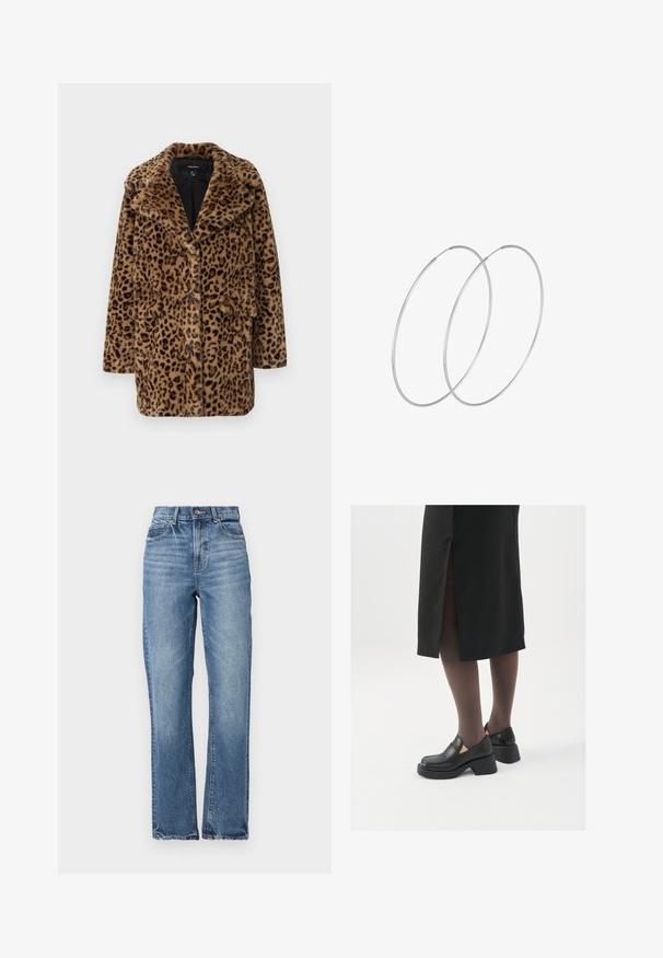 Leopardimustriga faux karusnahast jakk, millel on krae, kolm esimikrooni ja kaks küljetaskut. Pehme tekstuur pruunides ja mustades toons.; Pruun koondatud kootud särk kõrge sooniku kaelusega, laia varrukatega ja pehme tekstuuriga. Omab lõdvaist sobivust ning soonikaktsente varrukatel.; Heledad sinine teksapüksid kõrgema taljega, sirgete jalgadega kujundusega, minimaalse pleekimise ja klassikalise viie tasku stiiliga. Omab pronksist nööbi sulgemist.; Mustad mustad jalatsid ümmarguse varbaga, paksu plokkniidi ja elastsete külgdetailidega, kombineeritud tumedate sukkade ja musta lõhikuga seelikuga.; Hõbedased rõngastikkaehingad minimalistlikus disainis. Ümar kuju, sile tekstuur ja õhuke profiil. Kerged ning poleeritud viimistlusega.