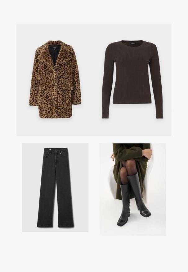 Abrigo de piel sintética de estampado de leopardo con cuello de solapa, tres botones frontales y dos bolsillos laterales. Textura suave en tonos marrones y negros.; Top marrón de manga larga y con ribete, con cuello redondo. Fabricado con un material suave y elástico, presenta una silueta ajustada y un diseño minimalista.; Jeans negros de cintura alta y pierna recta con cinco bolsillos y remaches de cobre, dispuestos sobre un fondo gris claro.; Botas de cuero negro hasta la rodilla con puntera cuadrada y tacón de bloque, presentadas con un modelo sentado en un abrigo verde oliva. Textura suave, mínimo detalle.