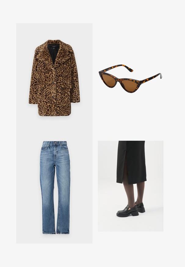 Kaput s faux krznom sa leopard uzorkom, sa reverima, tri gumba sprijeda i dva bočna džepa. Mekana tekstura u smešnim i crnim nijansama.; Bijela majica bez rukava napravljena od rebraste tkanine, s okruglim izrezom i uklapajućim siluetom, s minimalnim šavovima i bez ukrasa.; Svijetloplave traperice viskog struka, ravnog kroja, s minimalnim izbljeđivanjem i klasičnim pet džepnim dizajnom. Imaju brončani zakopcani zatvarač.; Crne kožne cipele s zaobljenim vrhom, debelim blok petama i elastičnim bočnim detaljima, uparene s tamnim čarapama i crnom suknjom s prorezom.; Sunglasses u obliku mačjih očiju s okvirom u crno-narančastom kornjačevom uzorku, smešnim lećama i elegatnim, šiljastim vrhovima. Sadrži minimalni logo na dršci.