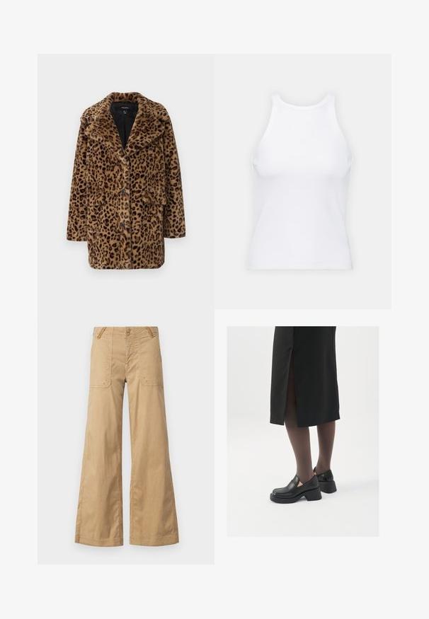 Plaščenka iz umetnega krzna z vzorcem geparda, z ovratnikom, tremi sprednjimi gumbi in dvema stranskima žepoma. Mehka tekstura v rjavih in črnih odtenkih.; Bela brezrokavna majica iz rebraste tkanine, z zaobljenim izrezom in prilegajočim silhueto, z minimalnimi šivi in brez okraskov.; Bež široke hlače iz bombaža z dvema sprednjima žepoma, dvema gumboma na pasu in preprostim dizajnom.; Črne usnjene čevlje s zaobljenim prstom, debelim blokastim petama in elastičnimi stranskimi detajli, v kombinaciji s temno nogavicami in črno krilo z razporkom.