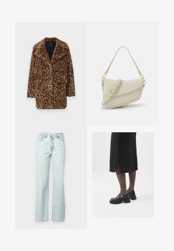 Leopardimustriga faux karusnahast jakk, millel on krae, kolm esimikrooni ja kaks küljetaskut. Pehme tekstuur pruunides ja mustades toons.; Valge ilma varrukateta T-särk, mis on valmistatud ribakangast, ümarate kaelustega ja kitseneva siluetiga, minimaalse õmbluste ning ilma kaunistusteta.; Heledad sinine teksarihm, millel on keskmine tõus, klassikaline viie tasku disain ja nähtav õmblemine külgedel ning vöökohal.; Mustad mustad jalatsid ümmarguse varbaga, paksu plokkniidi ja elastsete külgdetailidega, kombineeritud tumedate sukkade ja musta lõhikuga seelikuga.; Väike kreemjas käekott tekstureeritud viimistlusega, pikendatav rihm, ketiläbimõõt ja klapiga sulgemine. Kuldsed metalldetailid.